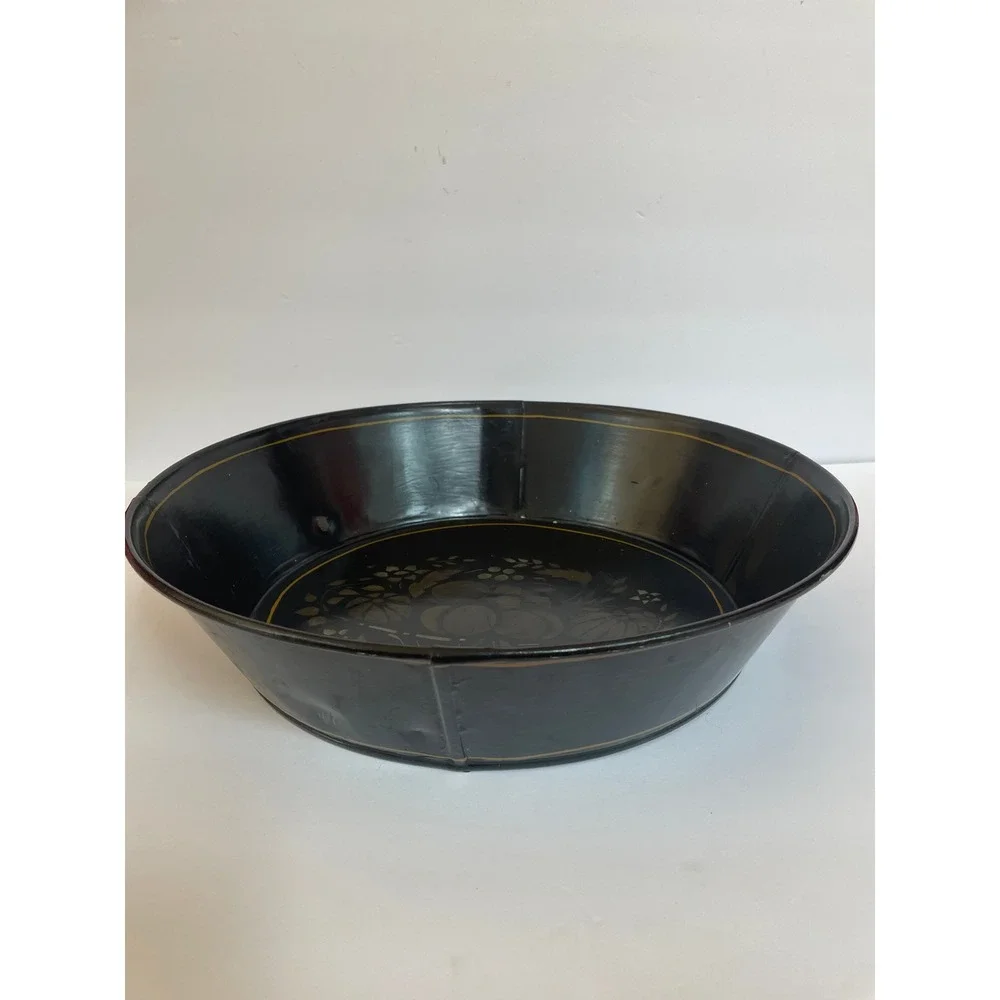 Vintage Toleware Large Round Tin Bowl Black Gold Fruit Basket Hand Painted LARGE